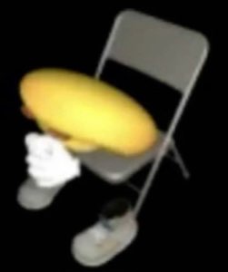 Blurry cursed image of a foam blob slumped on a folding chair