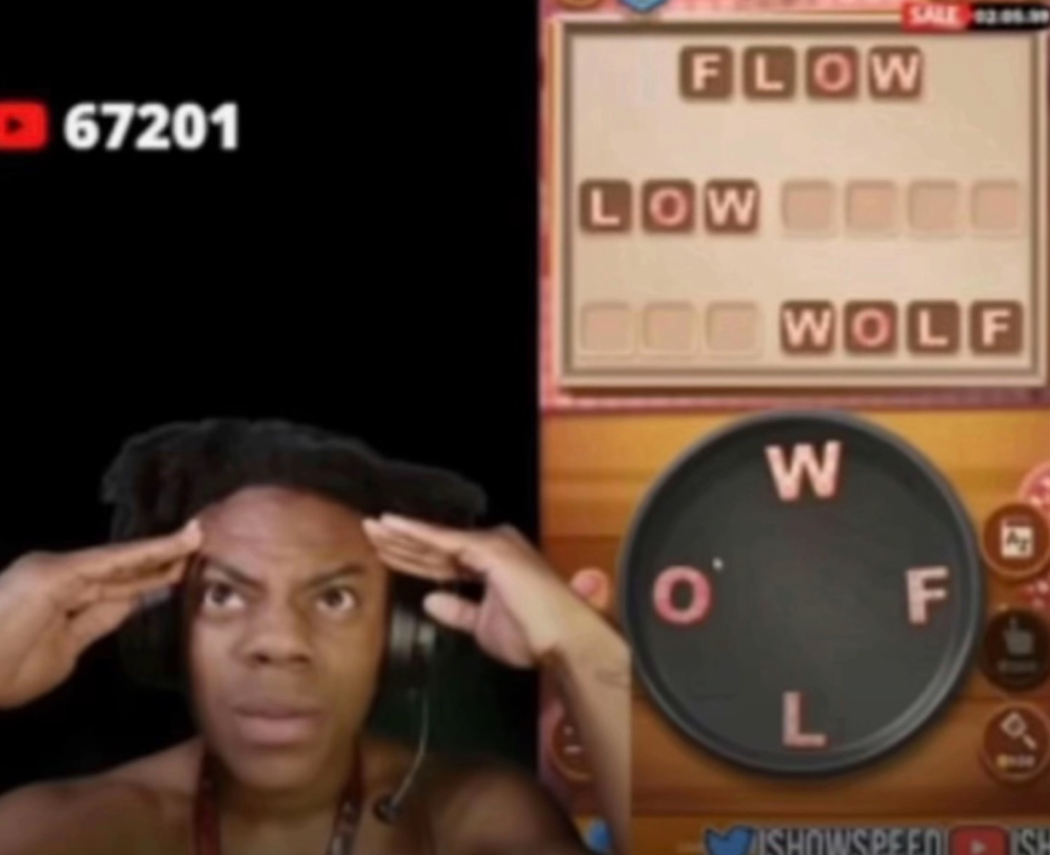 Streamer holding his head in disbelief next to a word-puzzle game screen