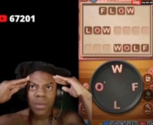Streamer holding his head in disbelief next to a word-puzzle game screen
