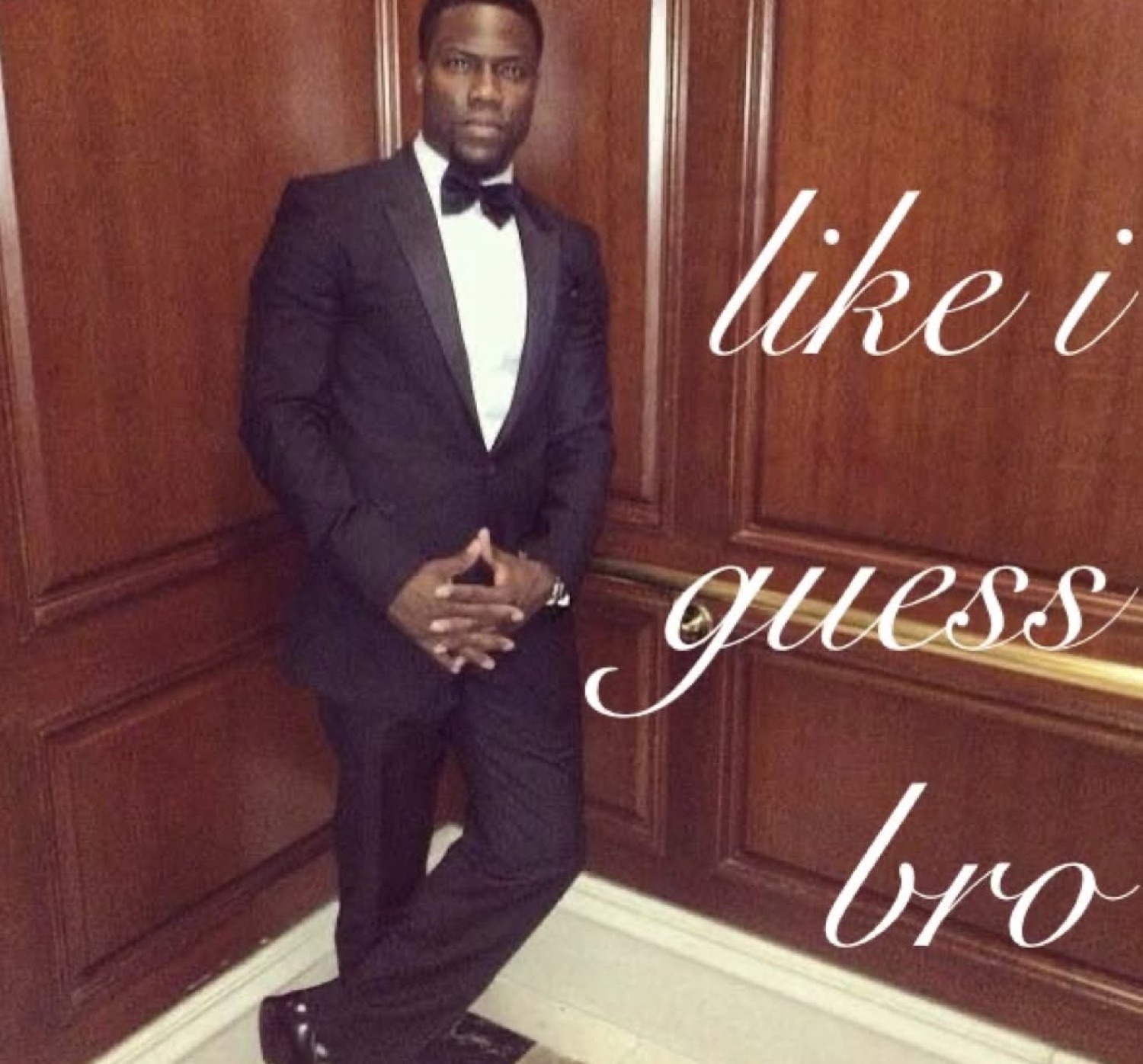 Man in a tuxedo standing casually with 'like i guess bro' written next to him