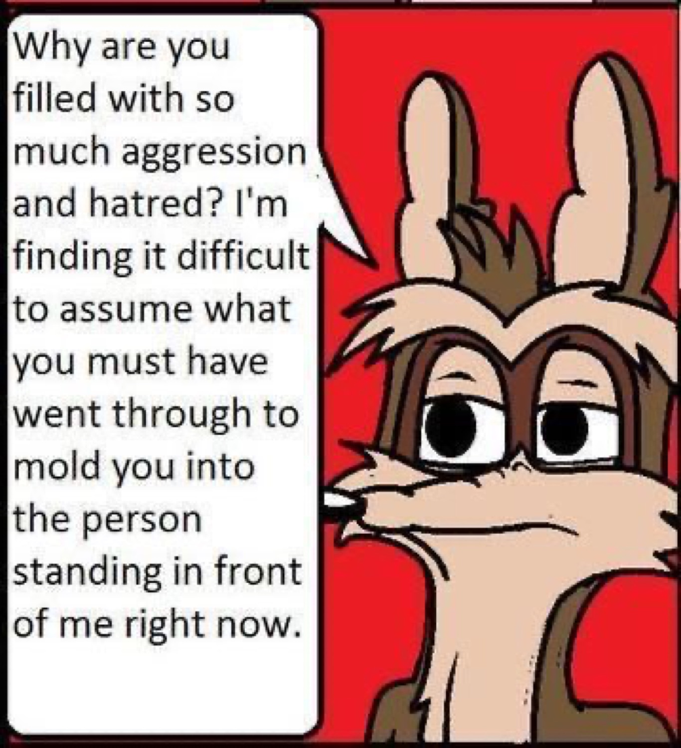 Cartoon rabbit on a red background delivering an outrageously passive-aggressive speech about aggression