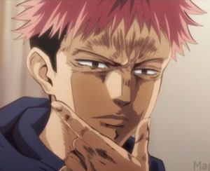 Yuji Itadori from Jujutsu Kaisen with a wary, calculating look and chin resting on his hand