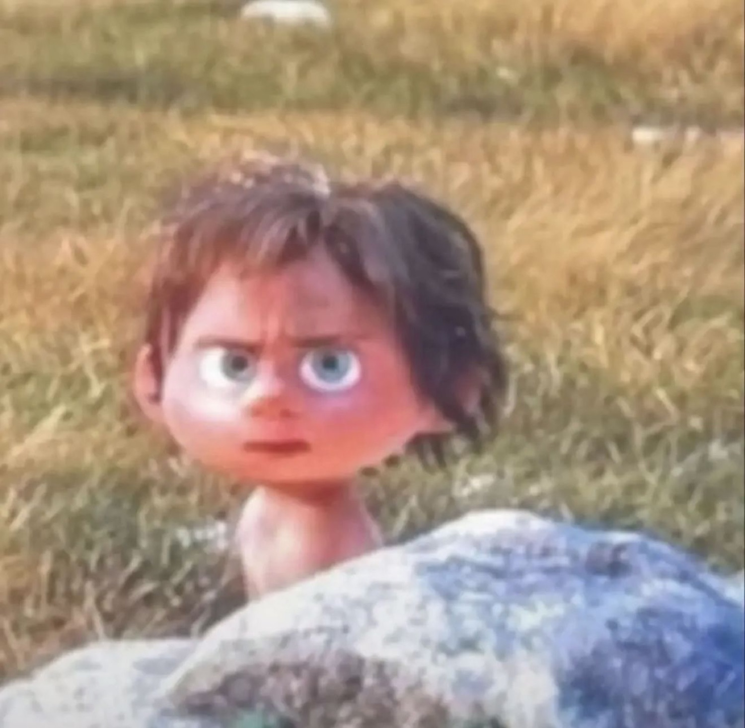 Animated kid peeking over a rock in a field with a wary, annoyed frown