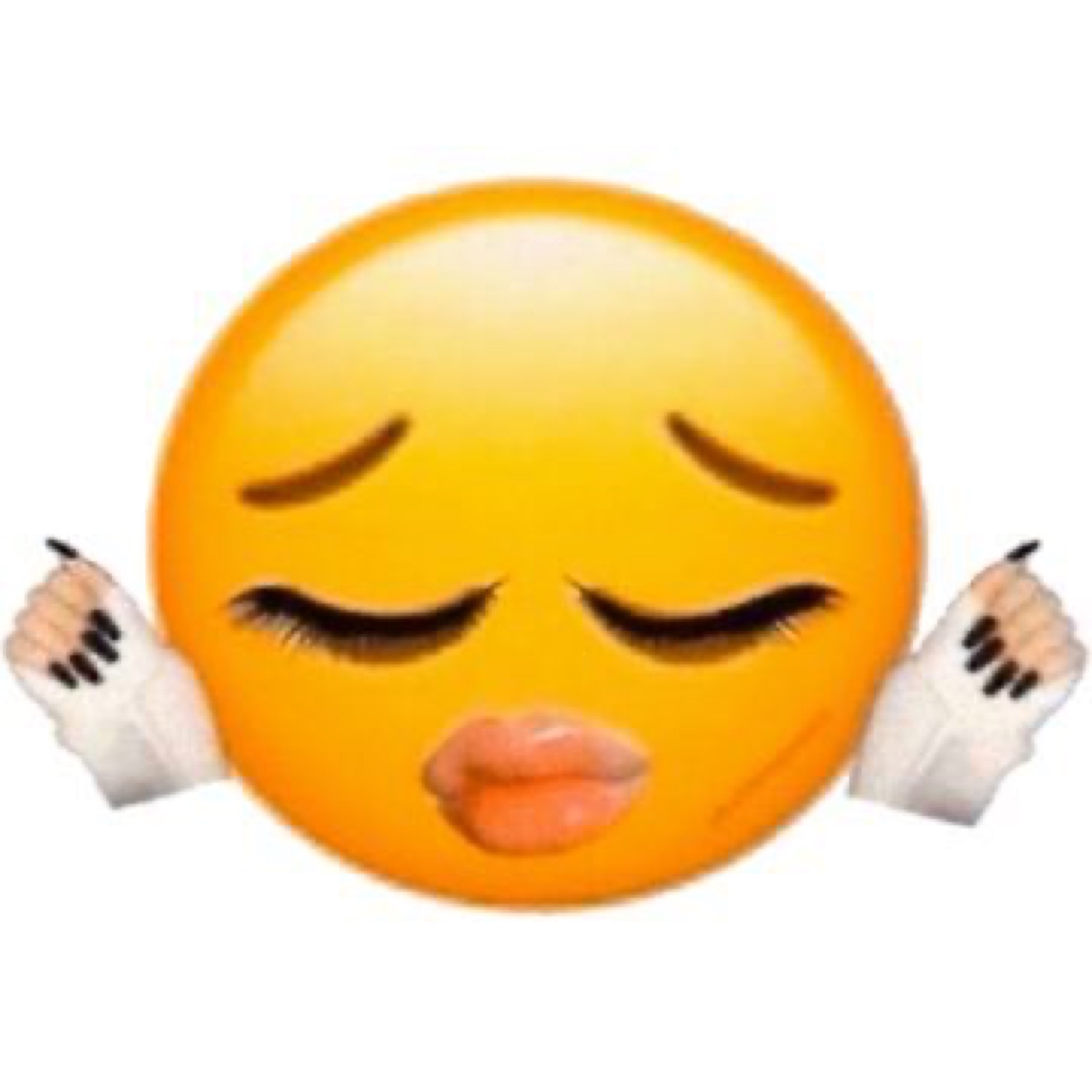 Emoji with lashes and big glossy lips, hands up