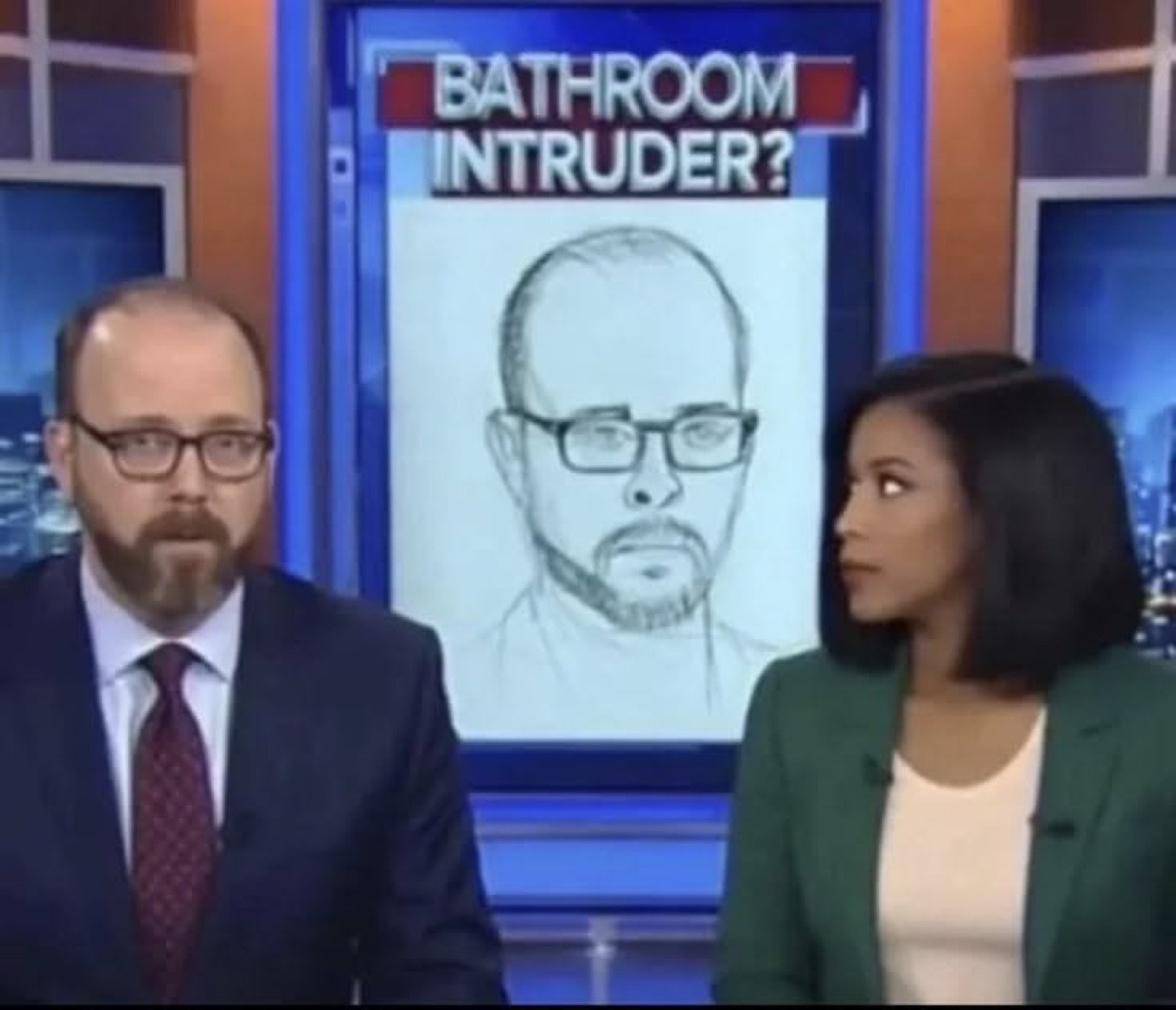 News anchors beside a sketch of the 'BATHROOM INTRUDER' that looks exactly like the male anchor