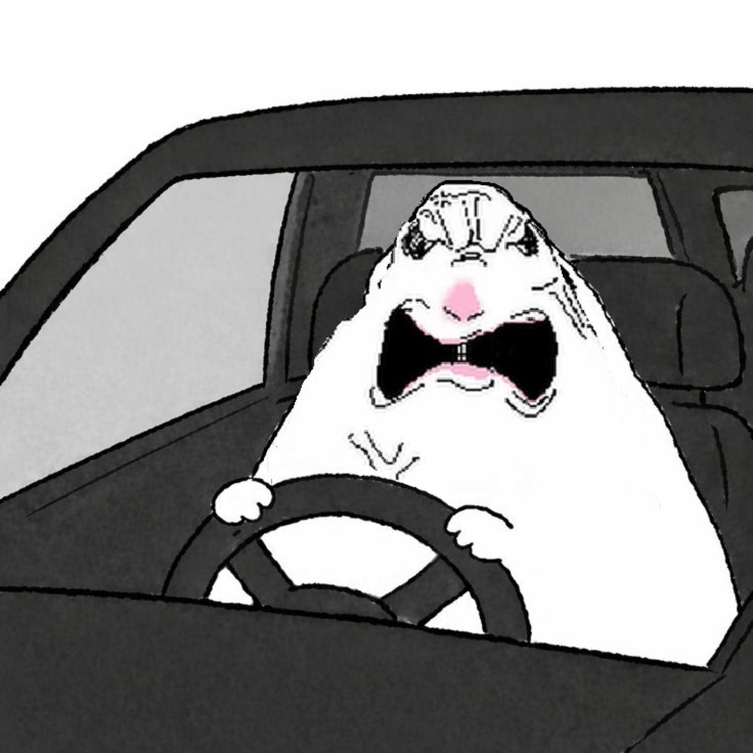 Cartoon bunny frantically gripping a steering wheel and screaming while driving
