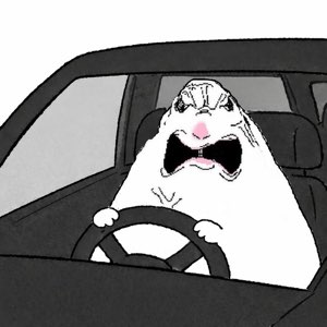 Cartoon bunny frantically gripping a steering wheel and screaming while driving