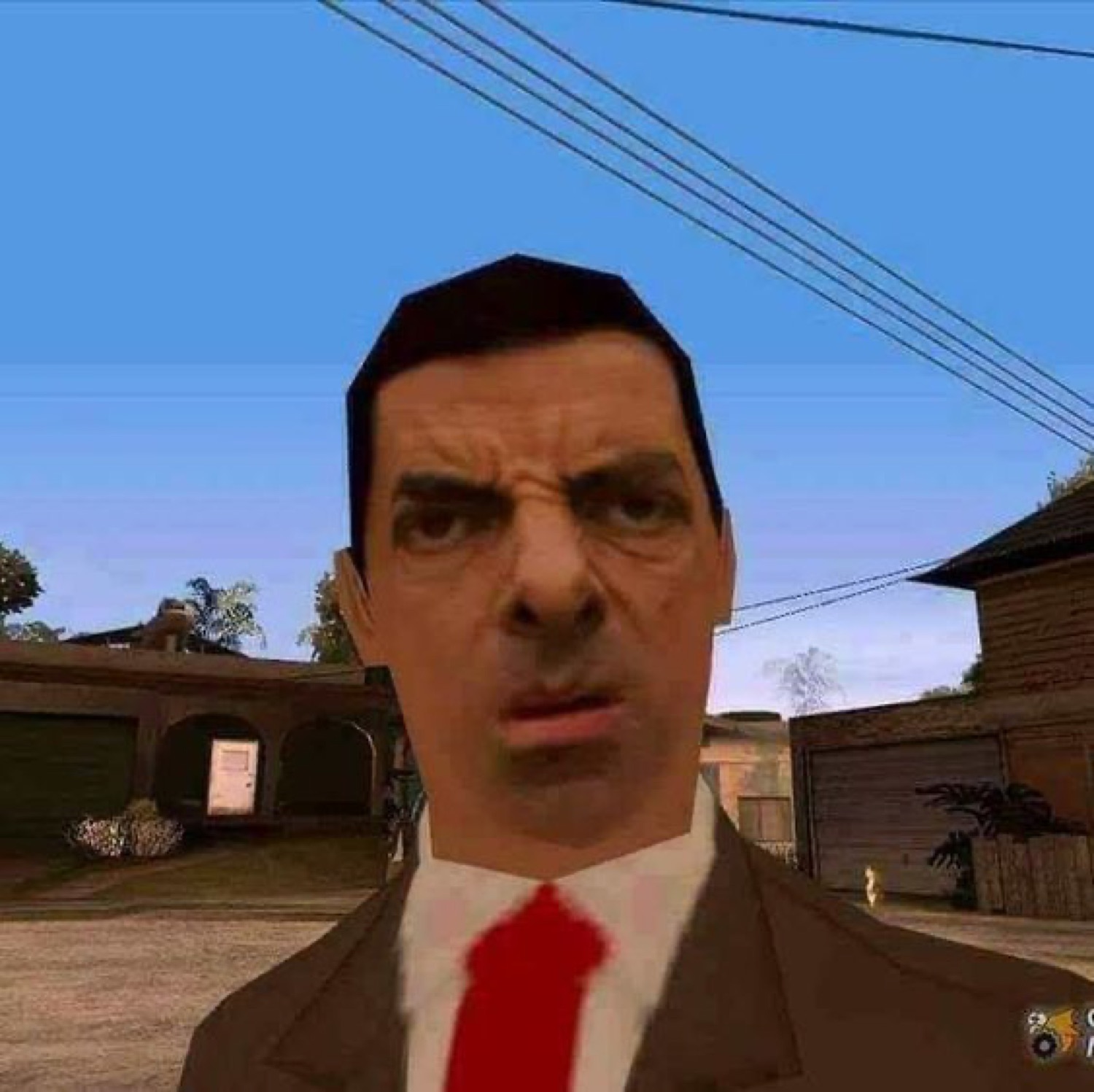 Mr. Bean's face on a low-poly GTA character scowling in disgust