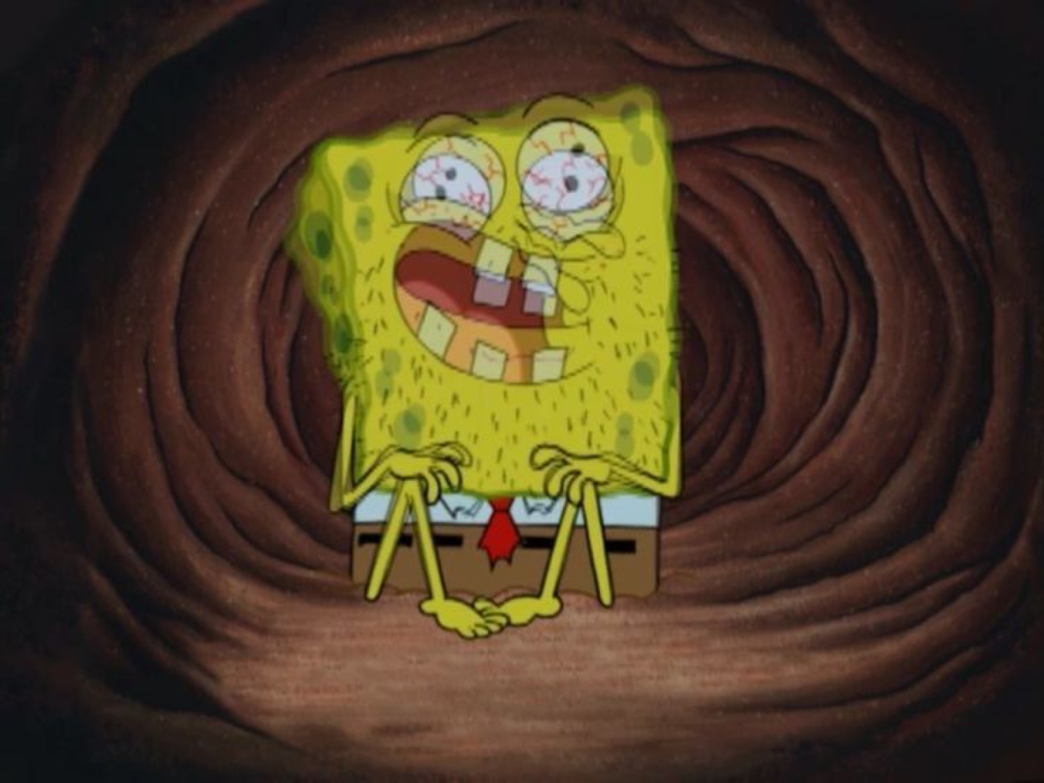 Frazzled SpongeBob with bloodshot eyes and messy teeth, completely burnt out in a dark tunnel