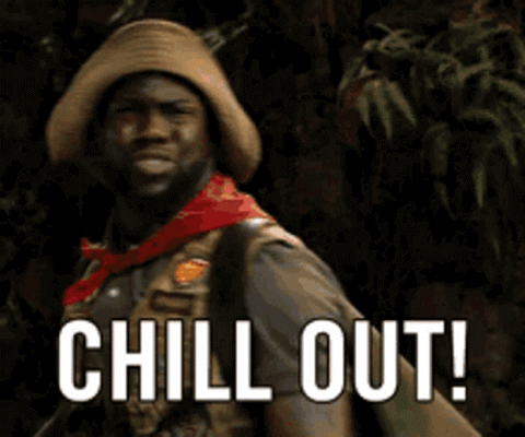 Kevin Hart in Jumanji in a safari hat shouting "Chill out!"