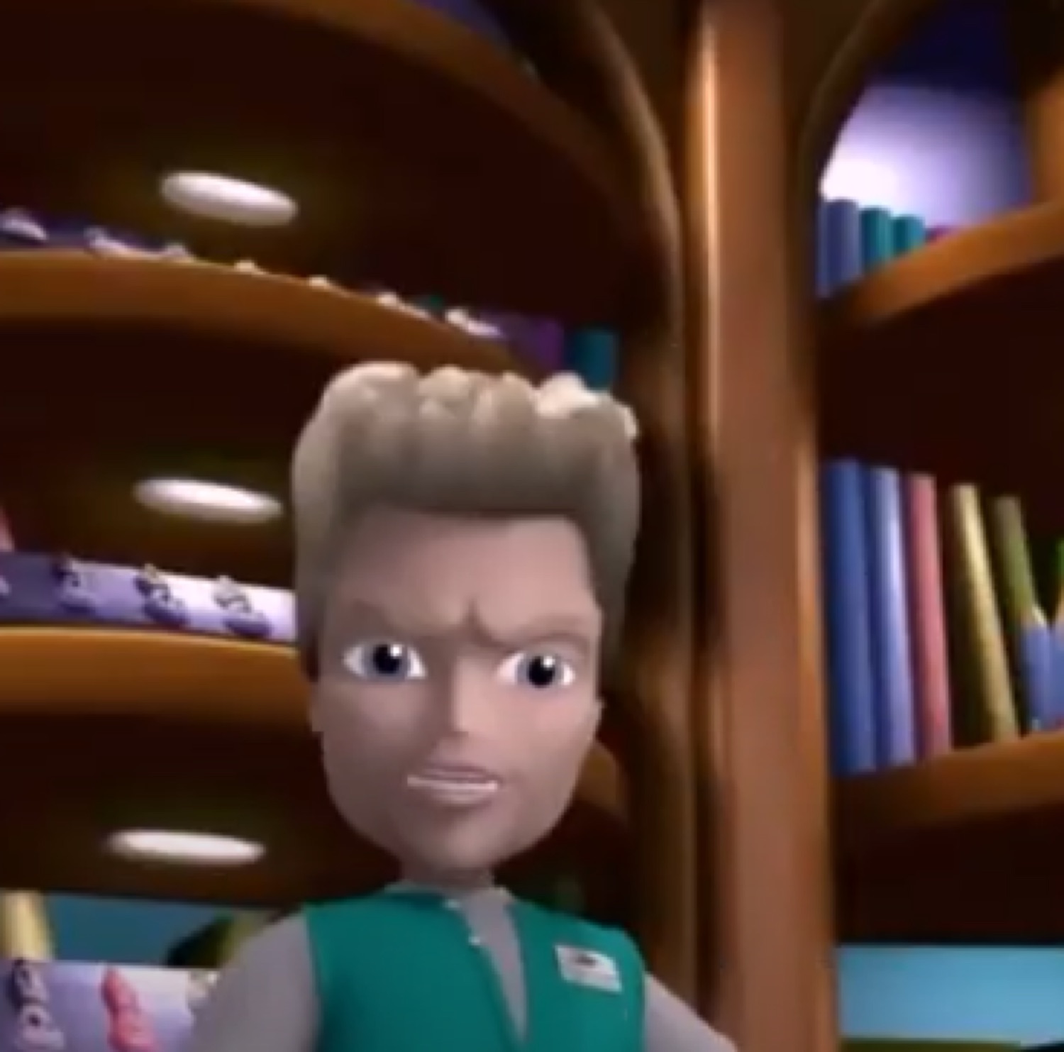 3D animated store clerk character with a skeptical, distrustful scowl