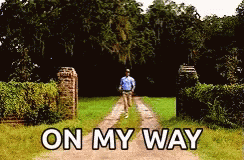 Tom Hanks as Forrest Gump running down a road, "On my way"