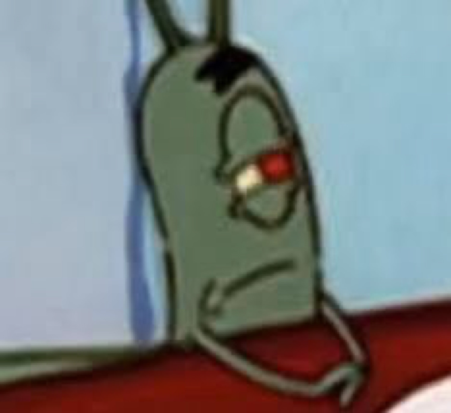 Plankton peeking from the side with his one red eye narrowed, scheming intensely