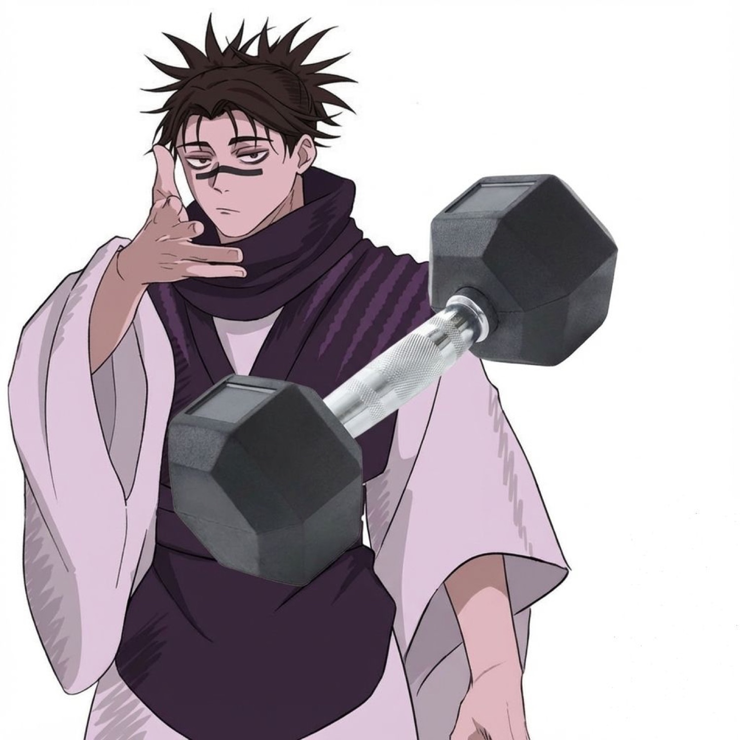 Anime character (Choso) holding a dumbbell with a deadpan stare