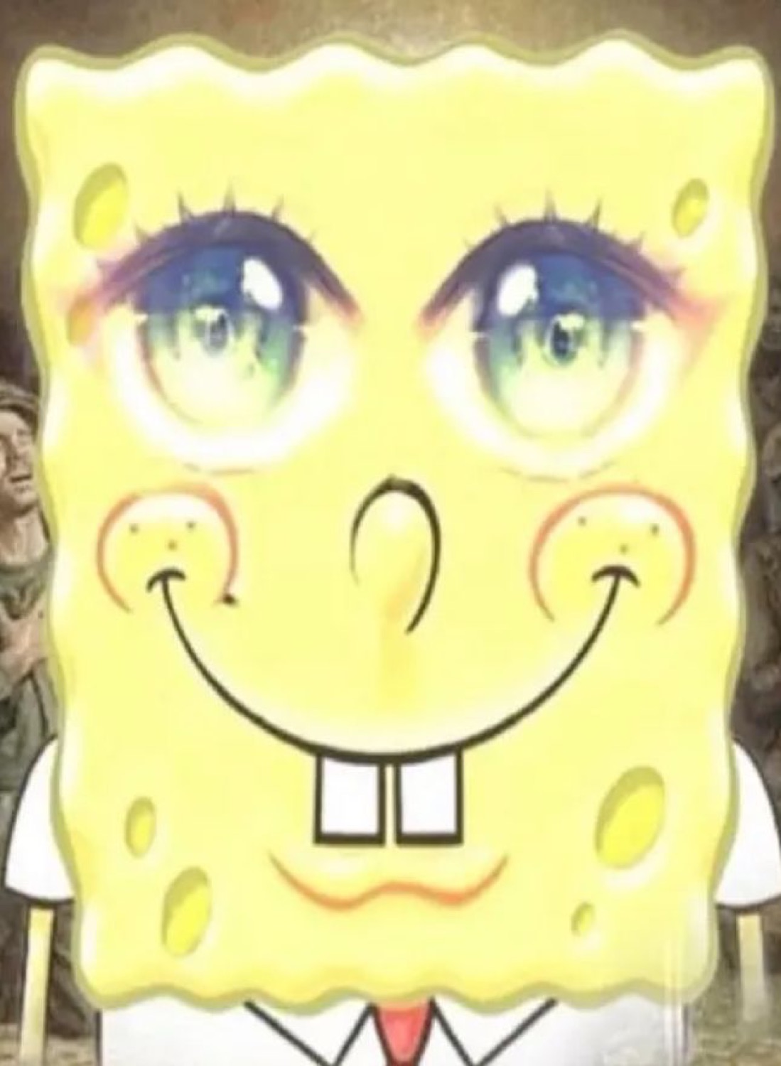 SpongeBob drawn with anime-style eyes and blush, smiling sweetly