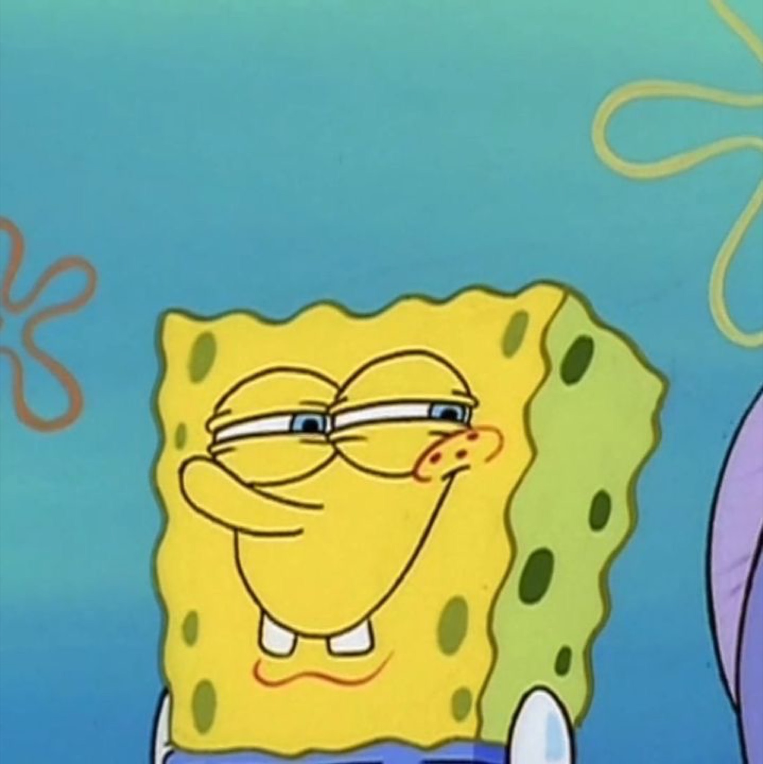 SpongeBob with heavily lidded eyes and a sly smirk, radiating pure smugness