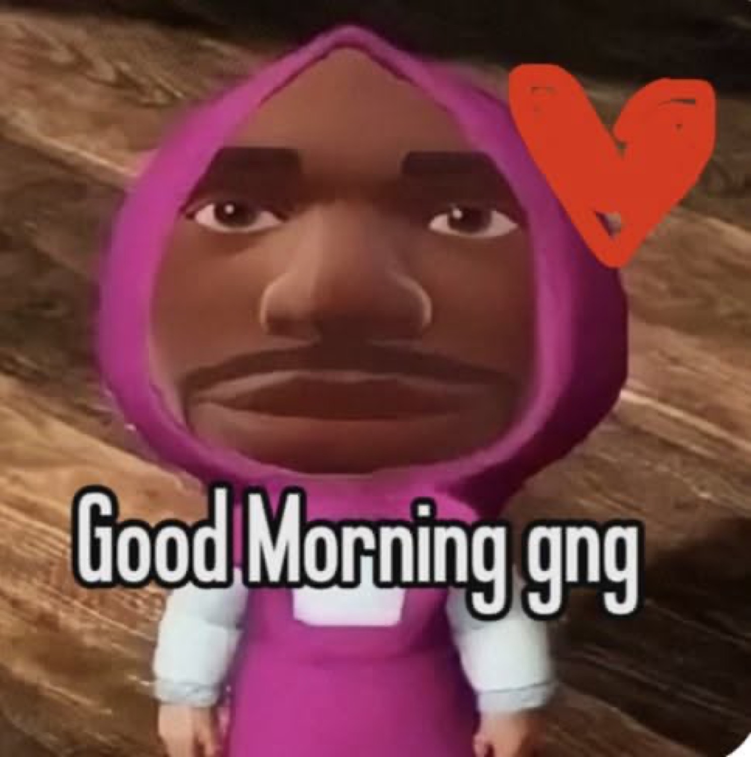 3D man in a pink hoodie with a heart: 'Good Morning gng'