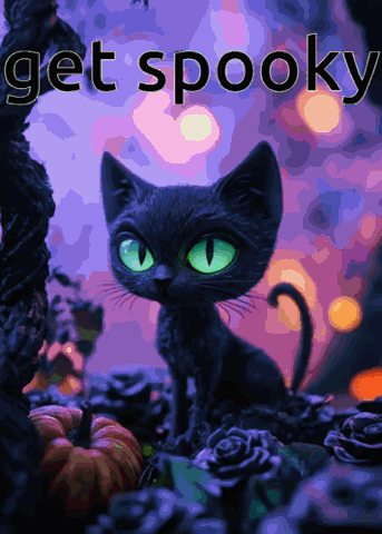 Black kitten with glowing green eyes as the colors shift behind it, "get spooky"