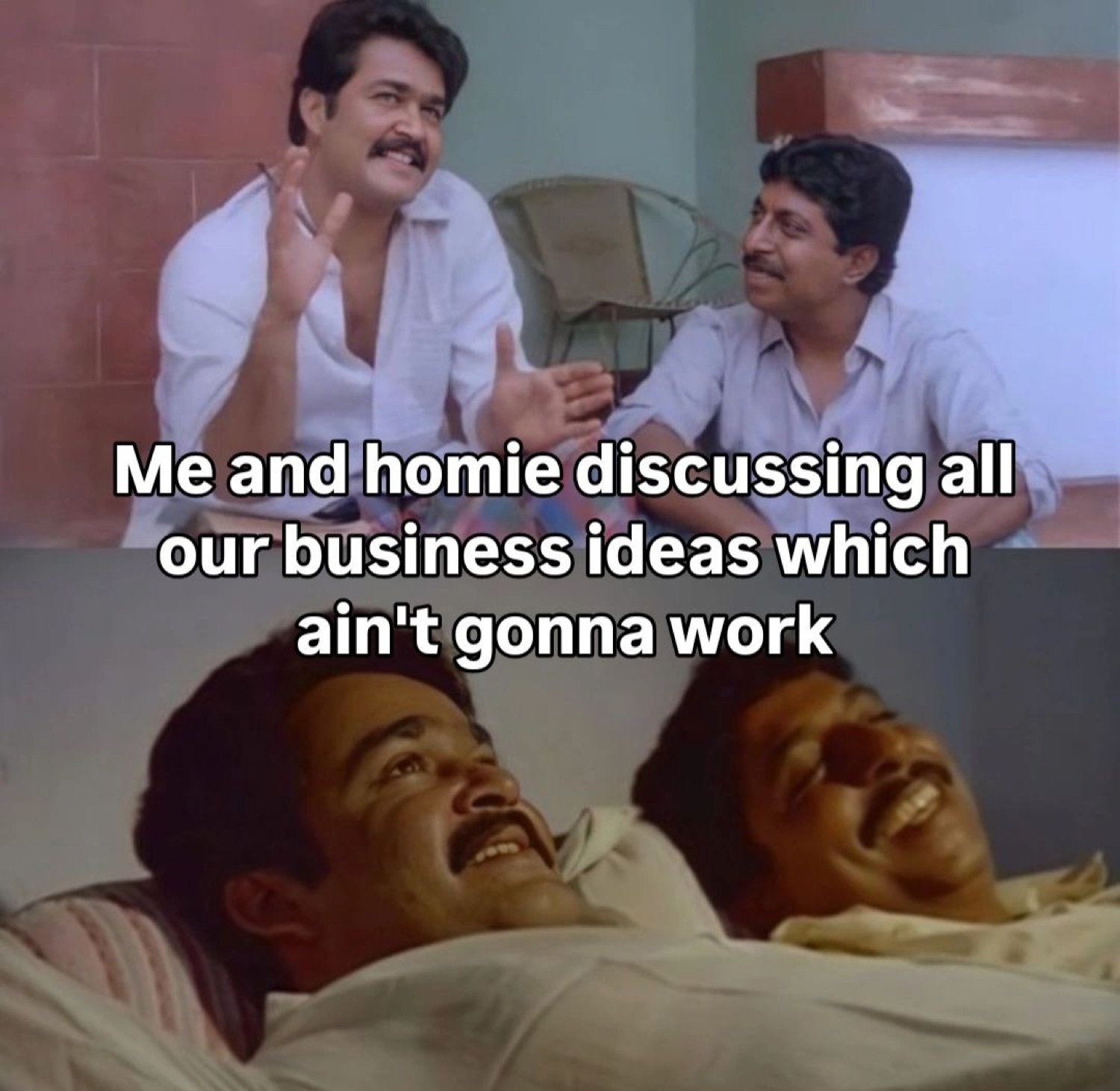 Mohanlal and Sreenivasan laughing in bed: 'Me and homie discussing all our business ideas which ain't gonna work'