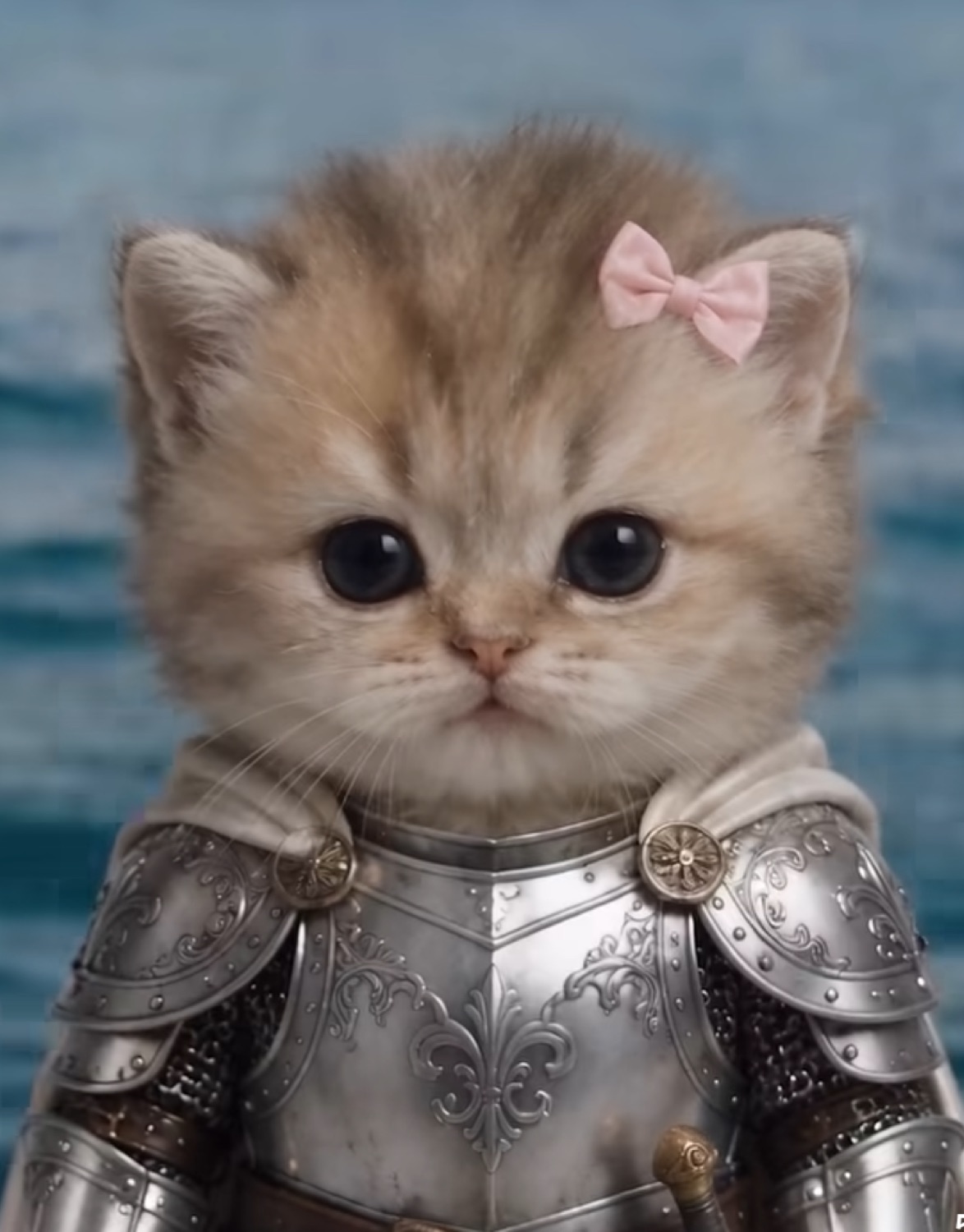 Fluffy kitten in ornate armor with a pink bow, pouting at the camera