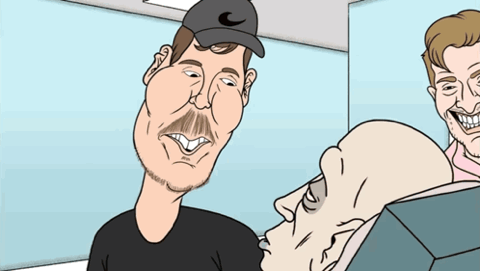 Cartoon man in a cap patting another man's head, "Good boy"