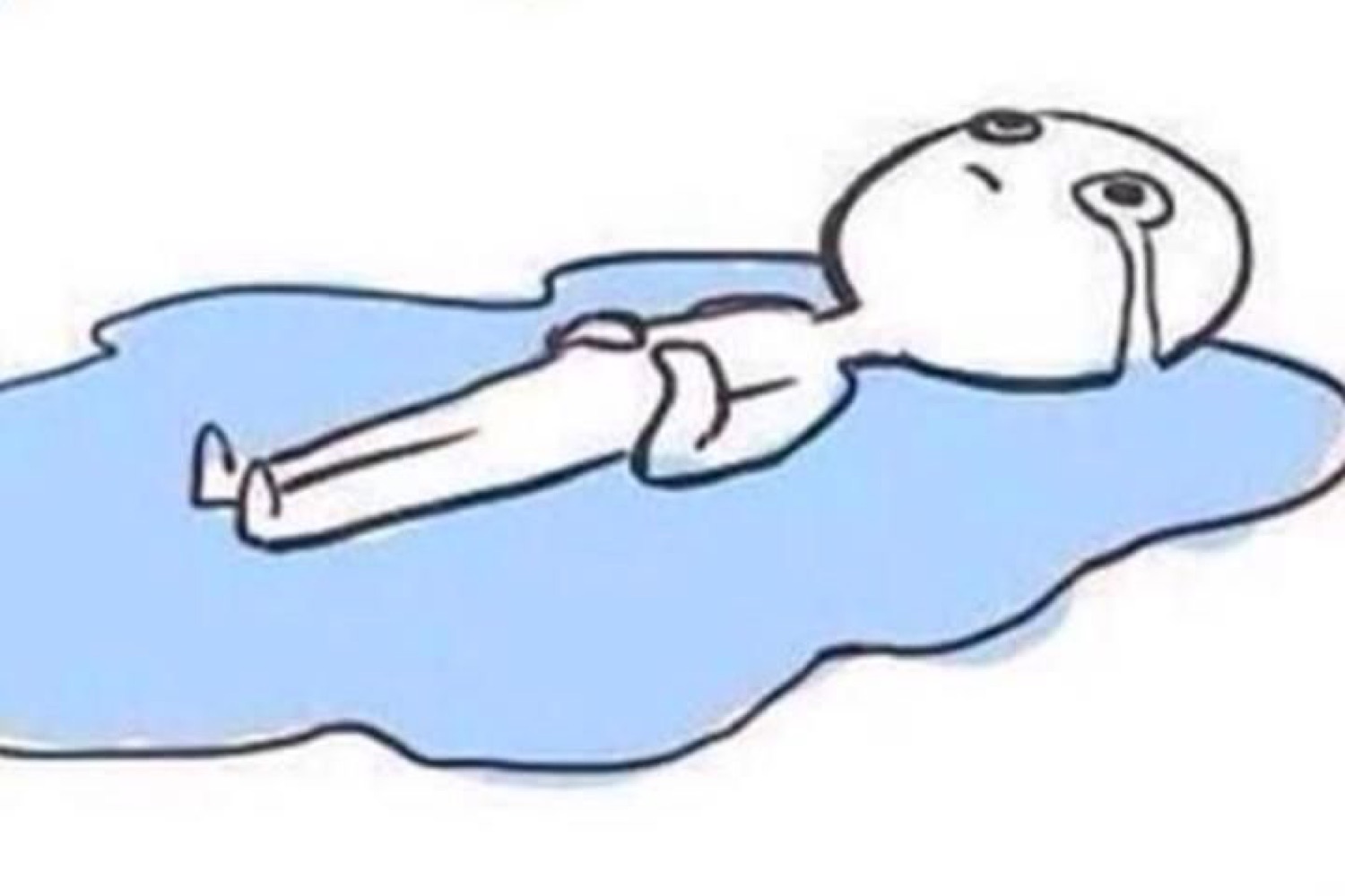 Simple cartoon figure lying face-up in a puddle of their own tears, completely over it
