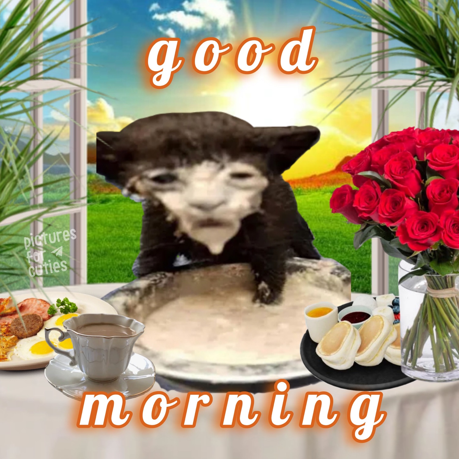 Weird cat face at a fancy breakfast table: 'good morning'