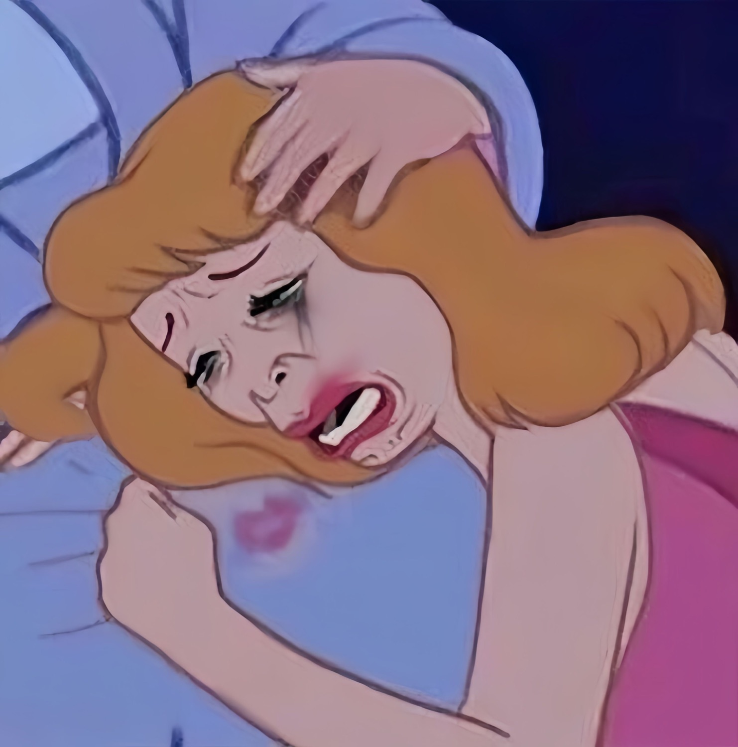 Distorted deep-fried cartoon princess sobbing and screaming in anguish