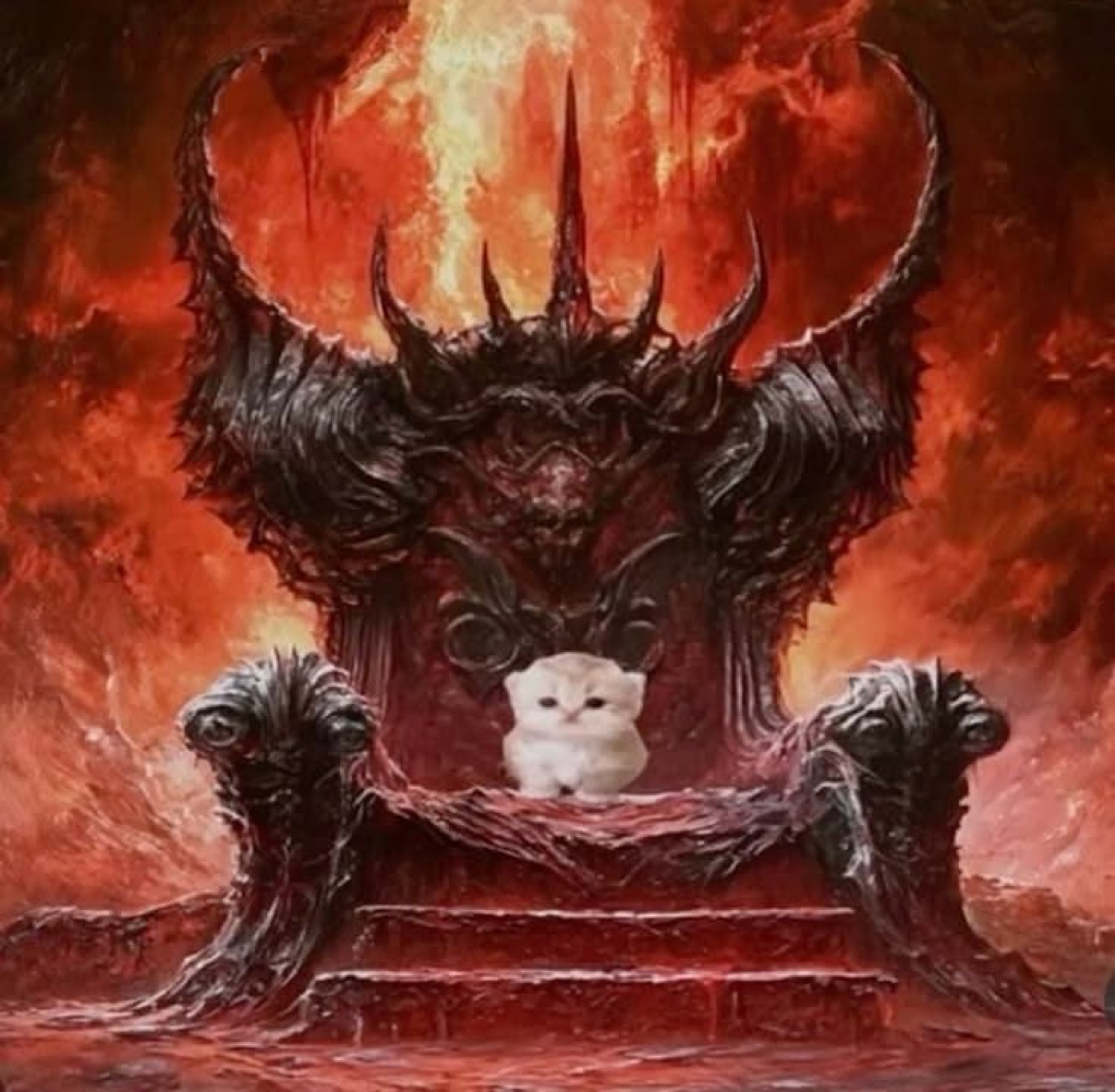 Tiny white kitten sitting on a giant flaming demonic throne