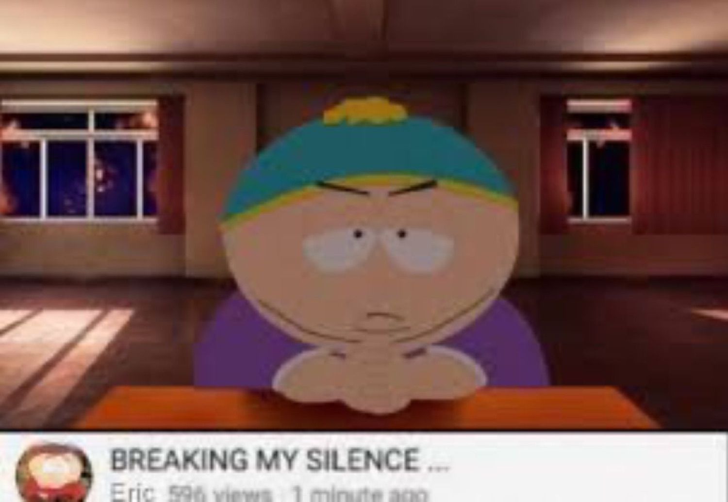 Cartman from South Park staring solemnly into a webcam on a 'BREAKING MY SILENCE' YouTube thumbnail