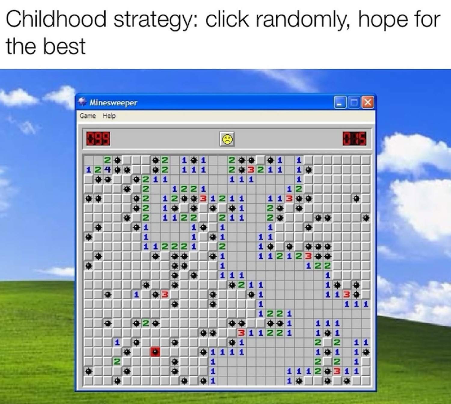 Minesweeper on Windows XP: 'Childhood strategy: click randomly, hope for the best'