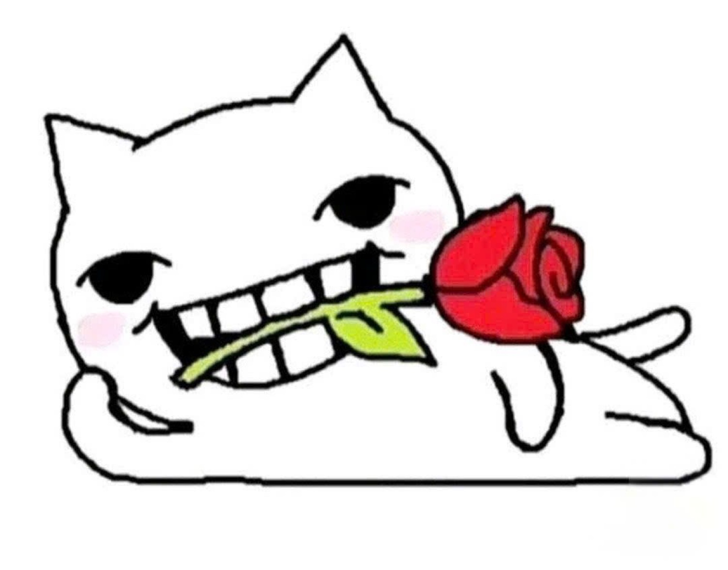 Cartoon white cat grinning wide with a red rose clenched in its teeth