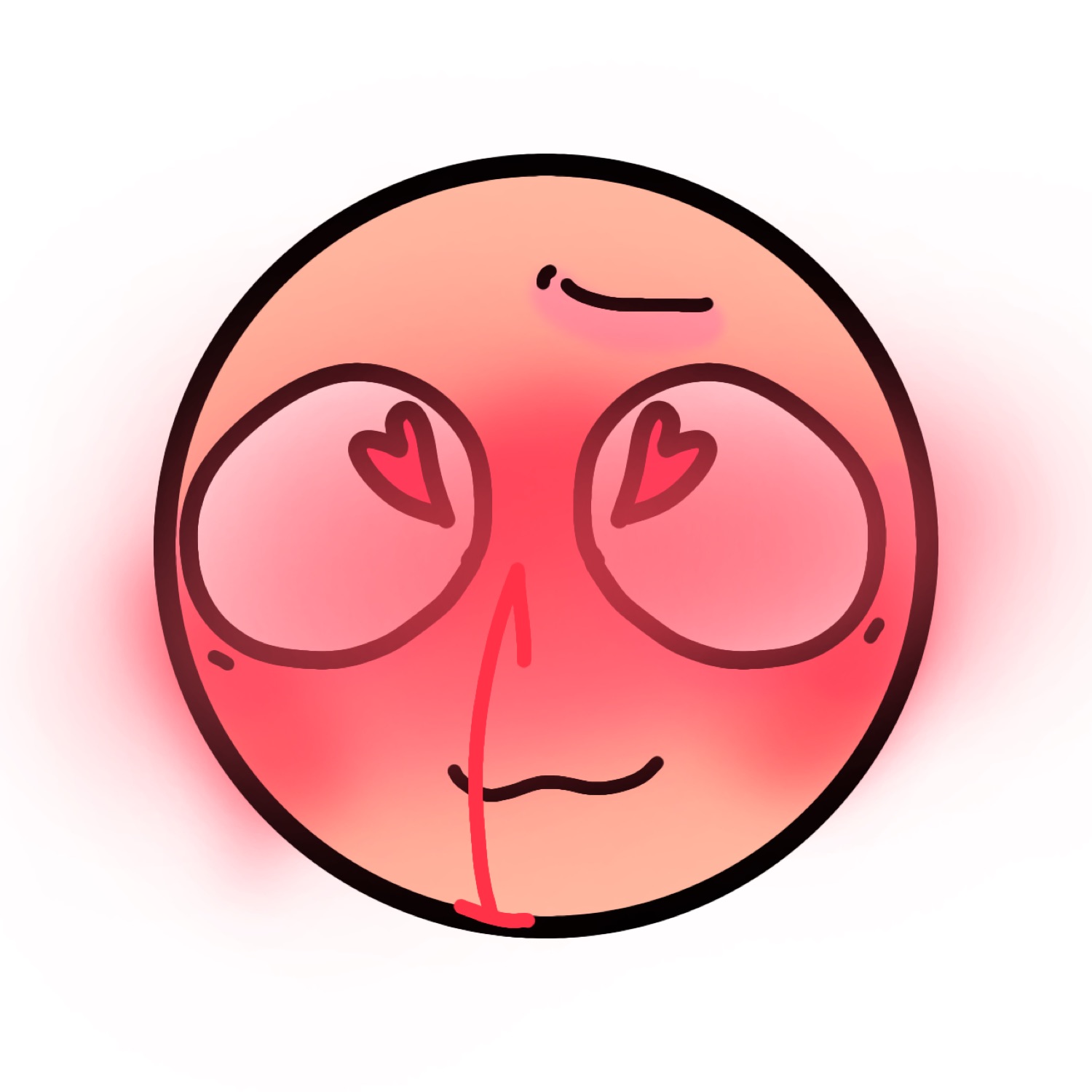Bright red doodle face with heart-shaped pupils and a nosebleed, fully down bad