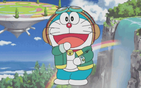 Doraemon in headphones singing happily in front of a waterfall