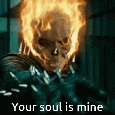 Ghost Rider with a flaming skull, "Your soul is mine"