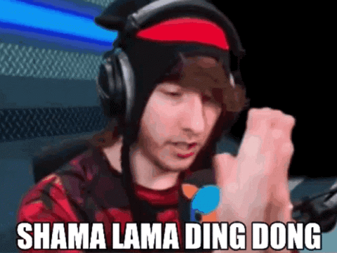 Streamer in headphones pumping his fist, "Shama lama ding dong"