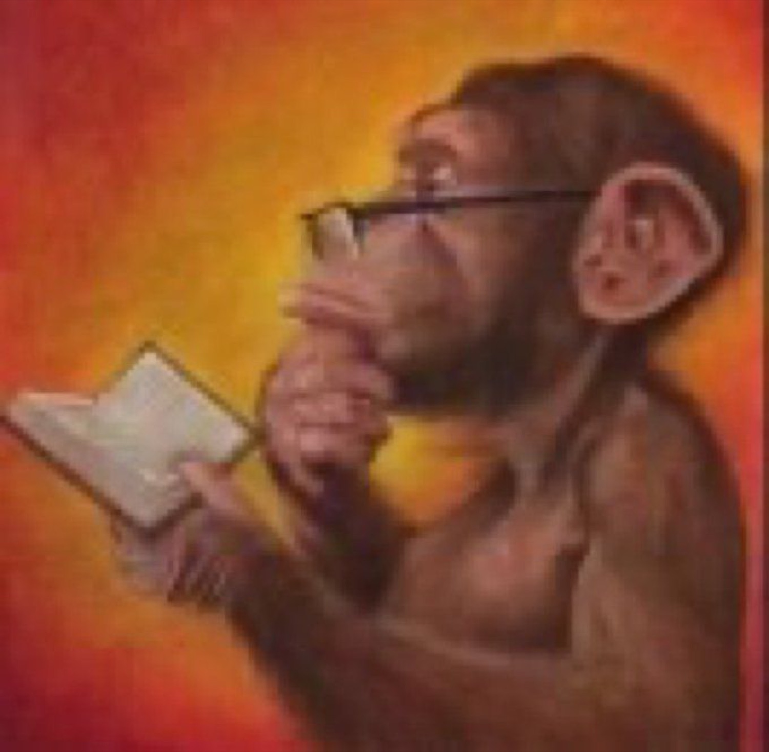 Chimp in glasses reading a little book with a hand on its chin