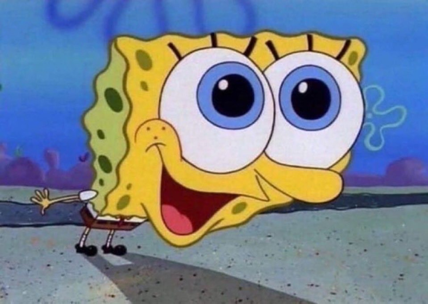 SpongeBob grinning with enormous vacant eyes and absolutely nothing behind them