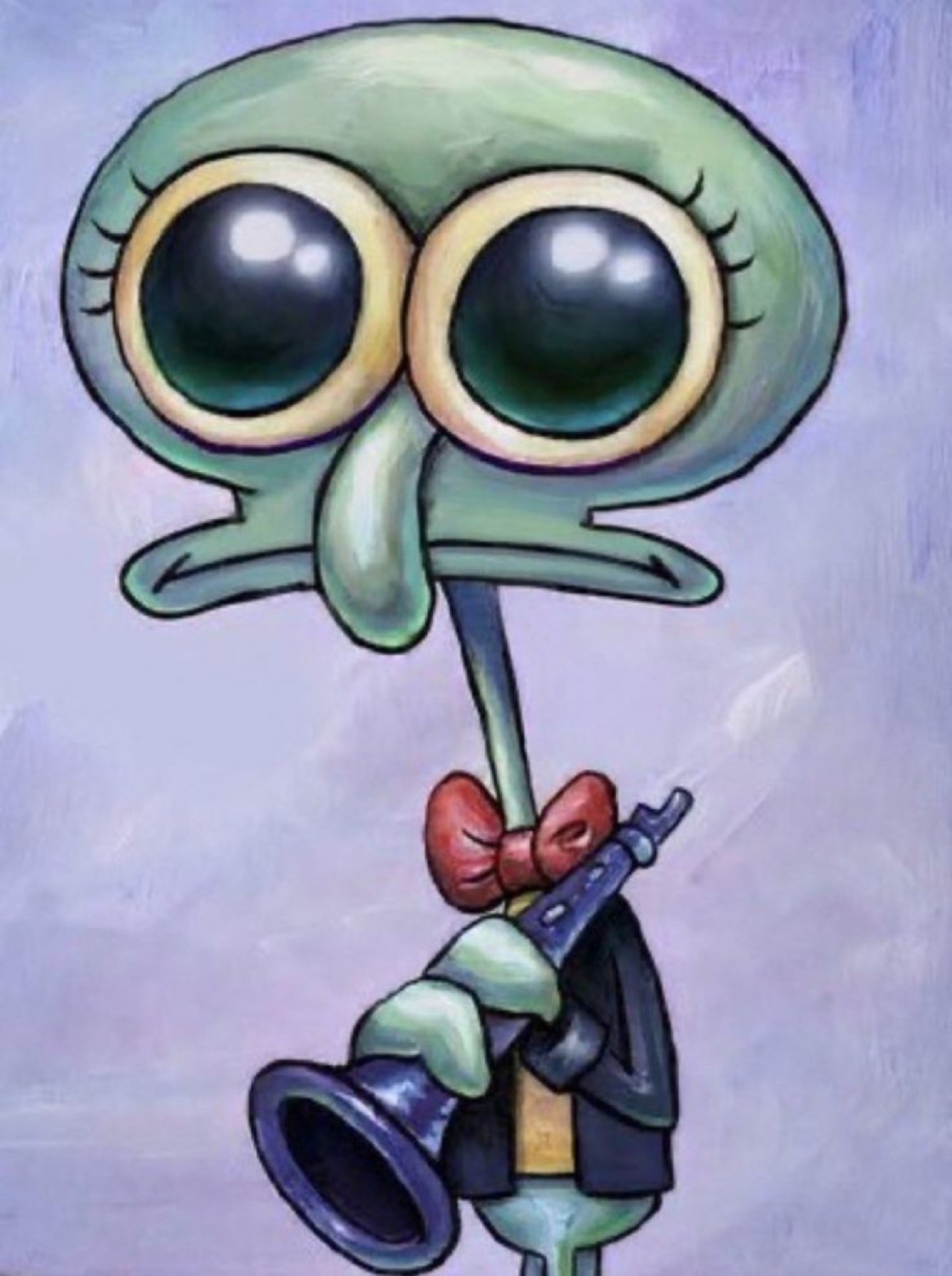 Squidward painted in a formal portrait, deadpan and holding a tommy gun