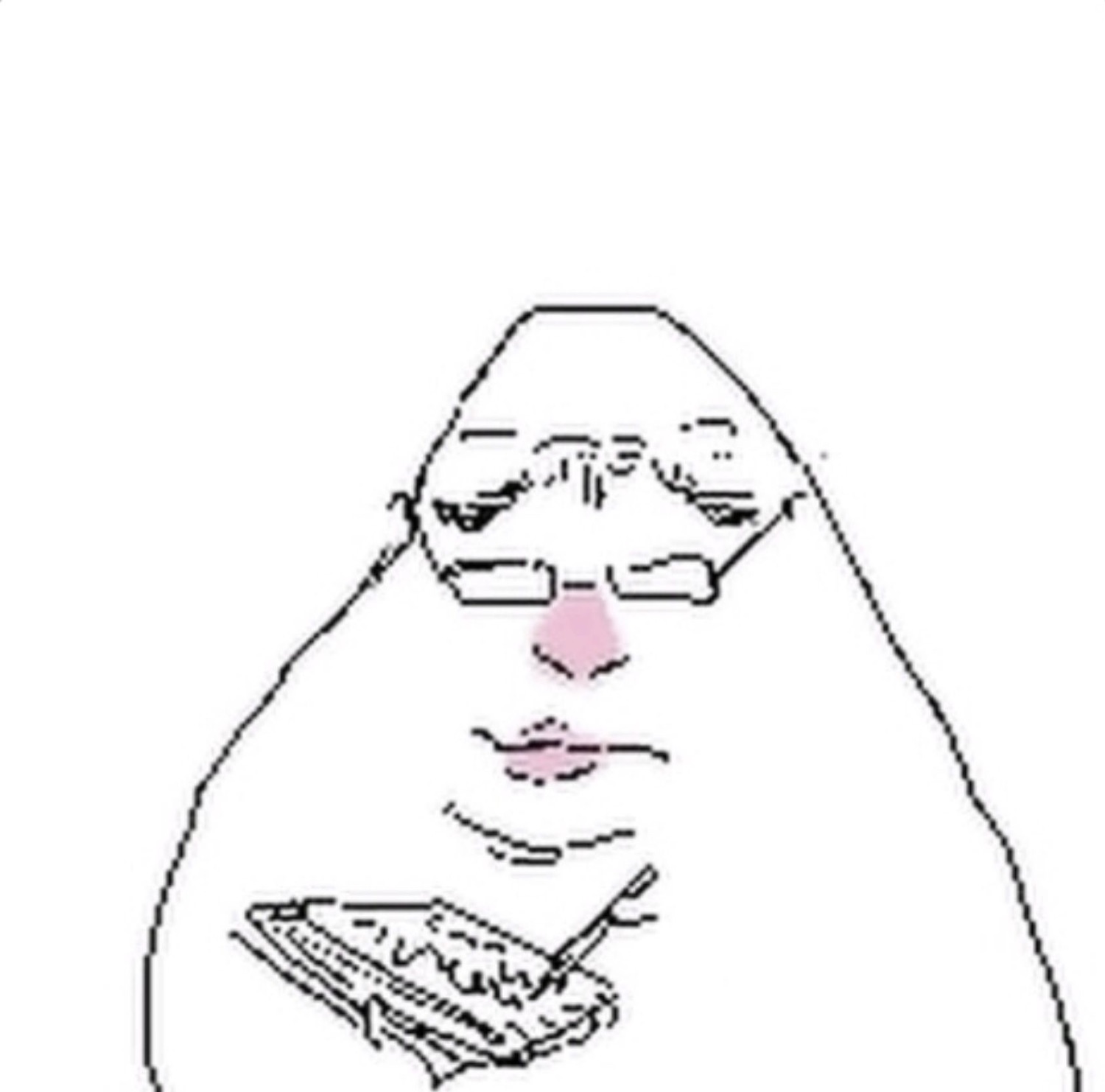 Crude MS Paint doodle face in glasses, blankly typing away on a keyboard