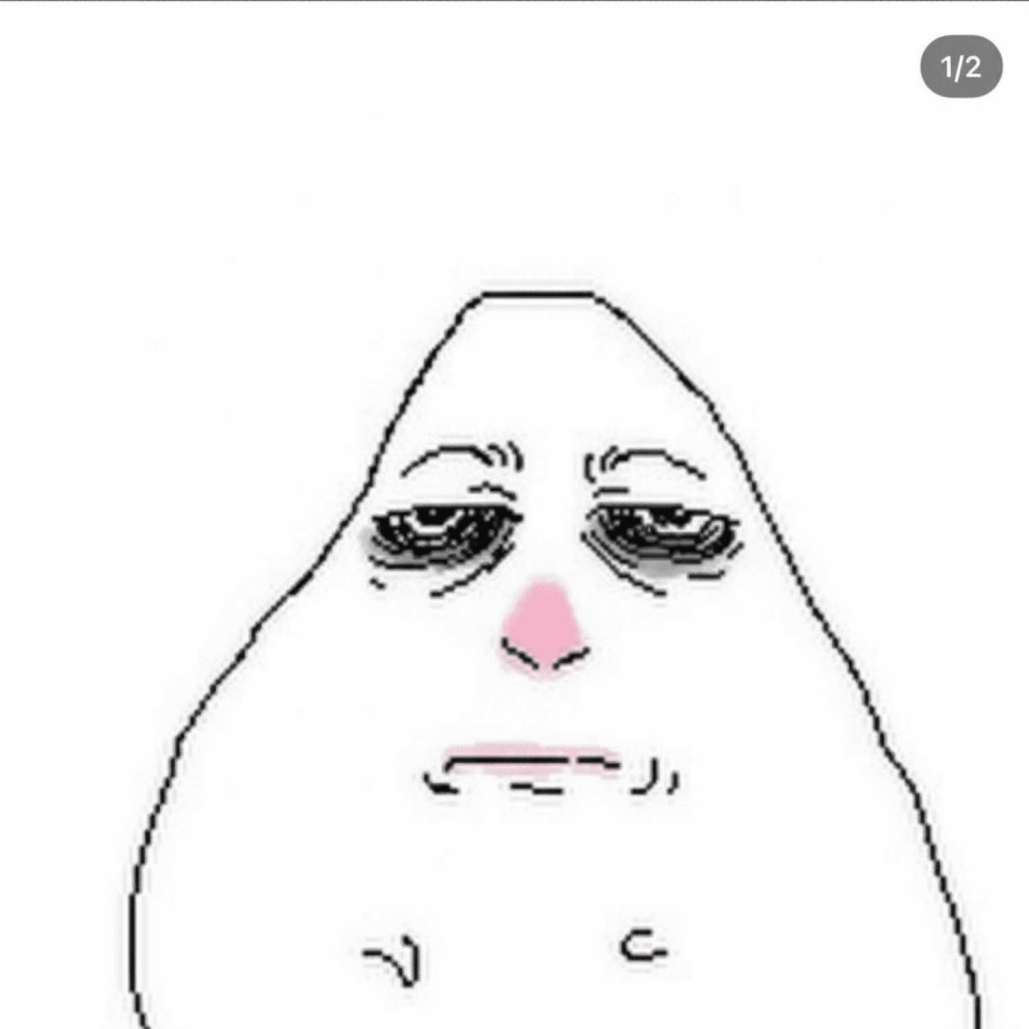 White blob character with heavy droopy eye bags looking exhausted and unamused