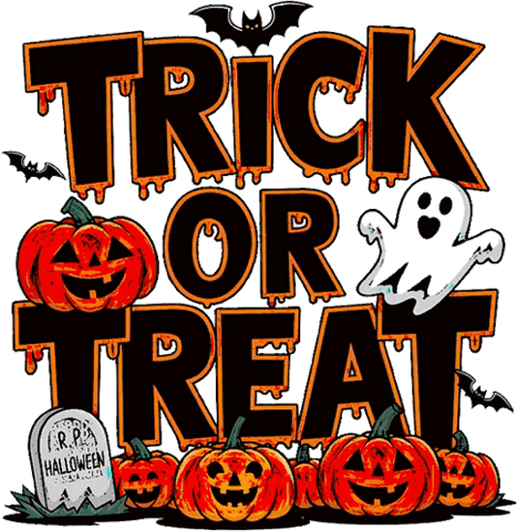 Bold "Trick or treat" text with jack-o-lanterns and a ghost