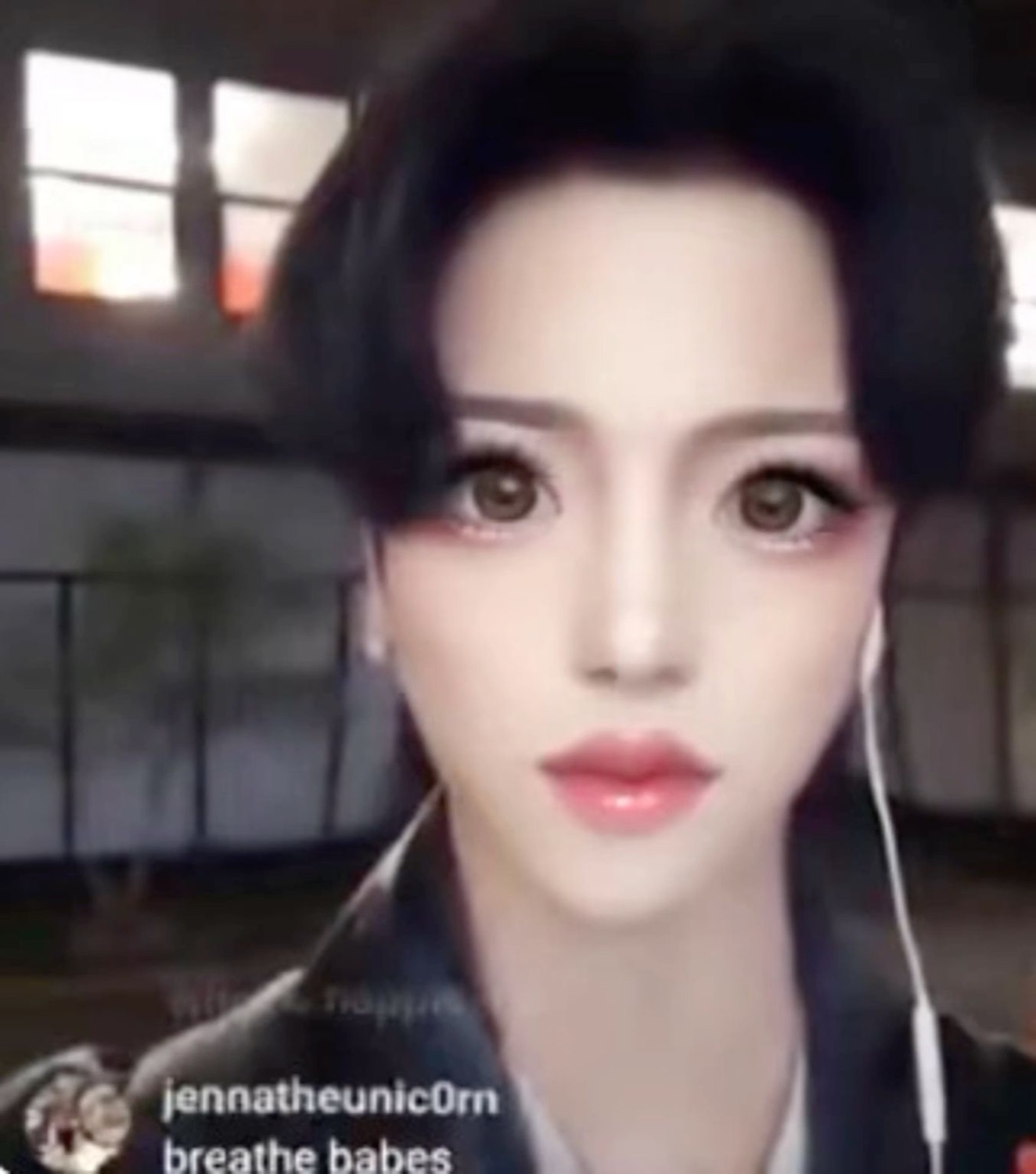 Ultra-smooth AI-filtered face with huge anime eyes staring blankly at the camera