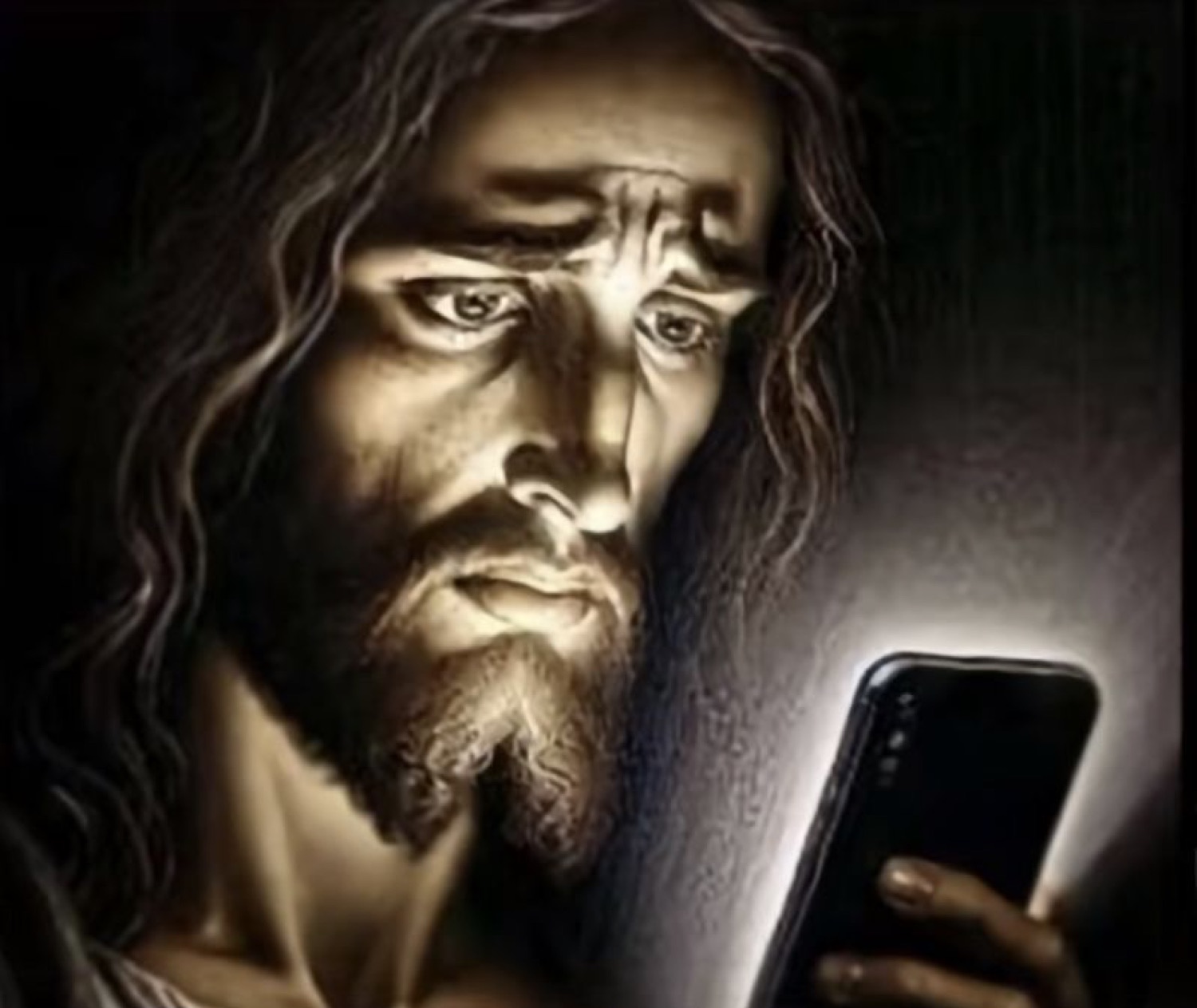 Jesus looking at a phone with a pained, sad expression