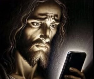 Jesus looking at a phone with a pained, sad expression