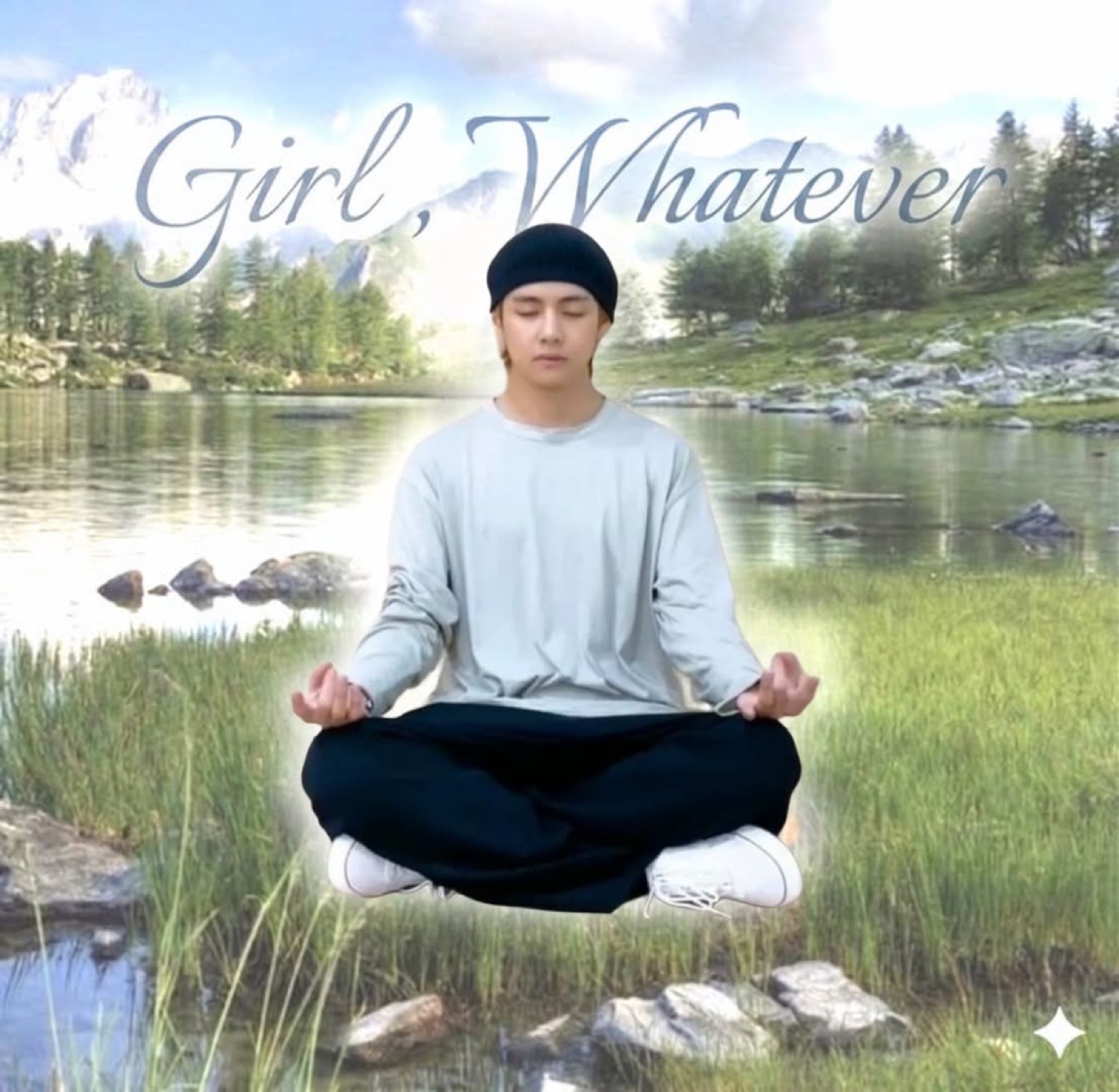 Young man floating cross-legged in meditation by a mountain lake, text 'Girl, Whatever'