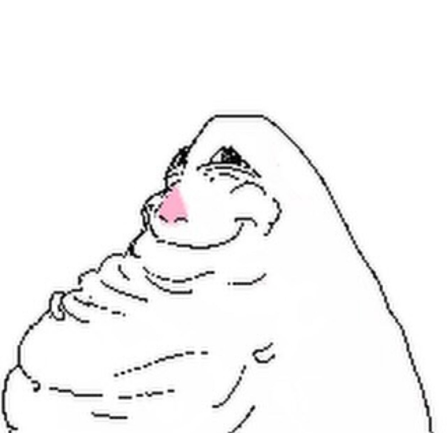 Simple line-art blob character with a raised chin, looking down smugly