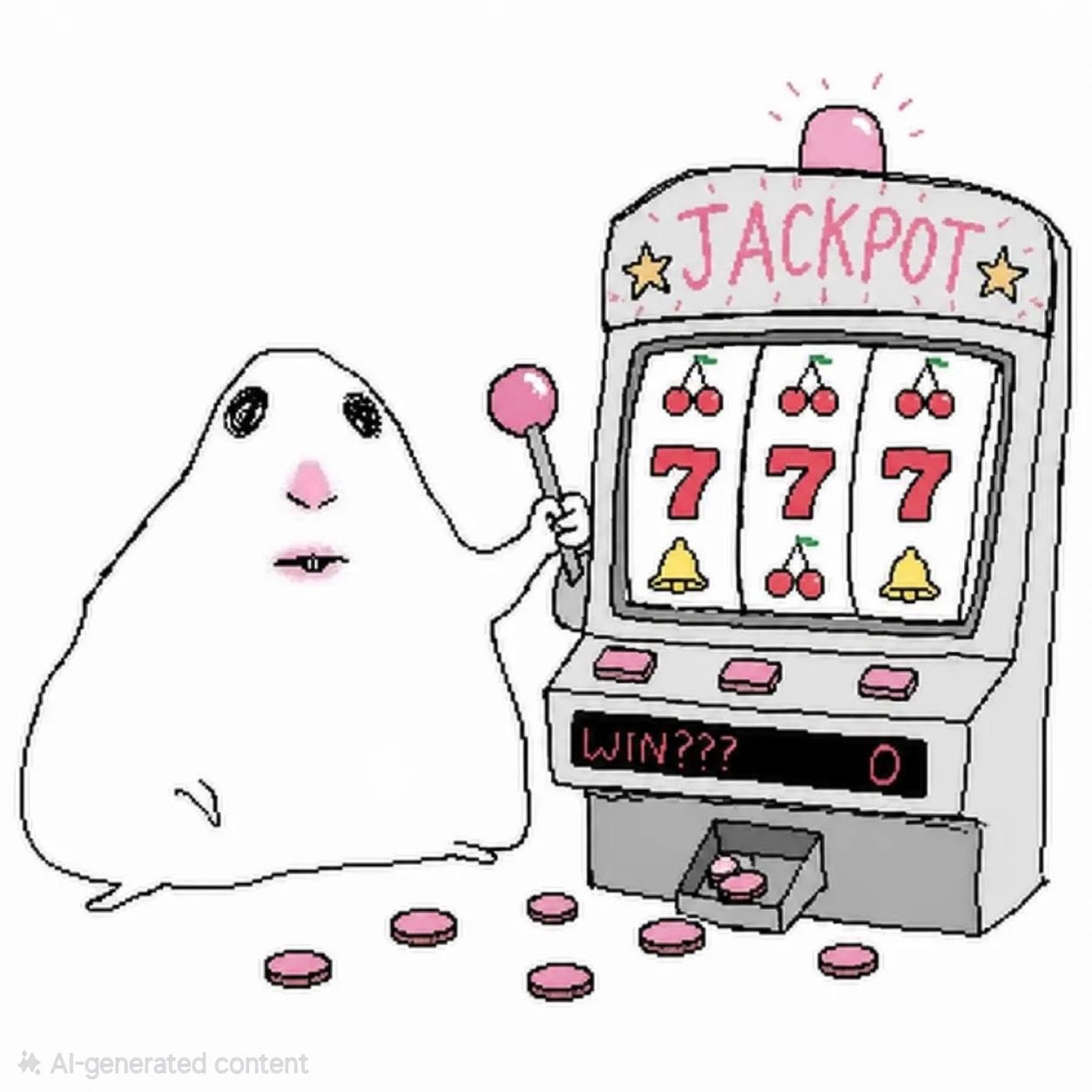 Blobby cartoon character at a jackpot slot machine reading WIN??? 0 with a flat face