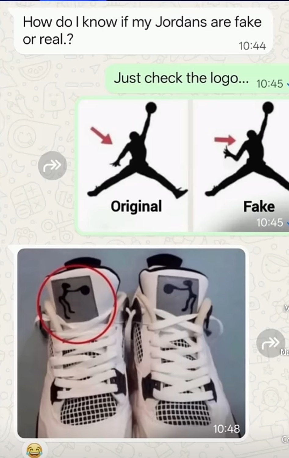 Chat 'How do I know if my Jordans are fake or real?' with original vs fake Jumpman logos and a squatting-man logo
