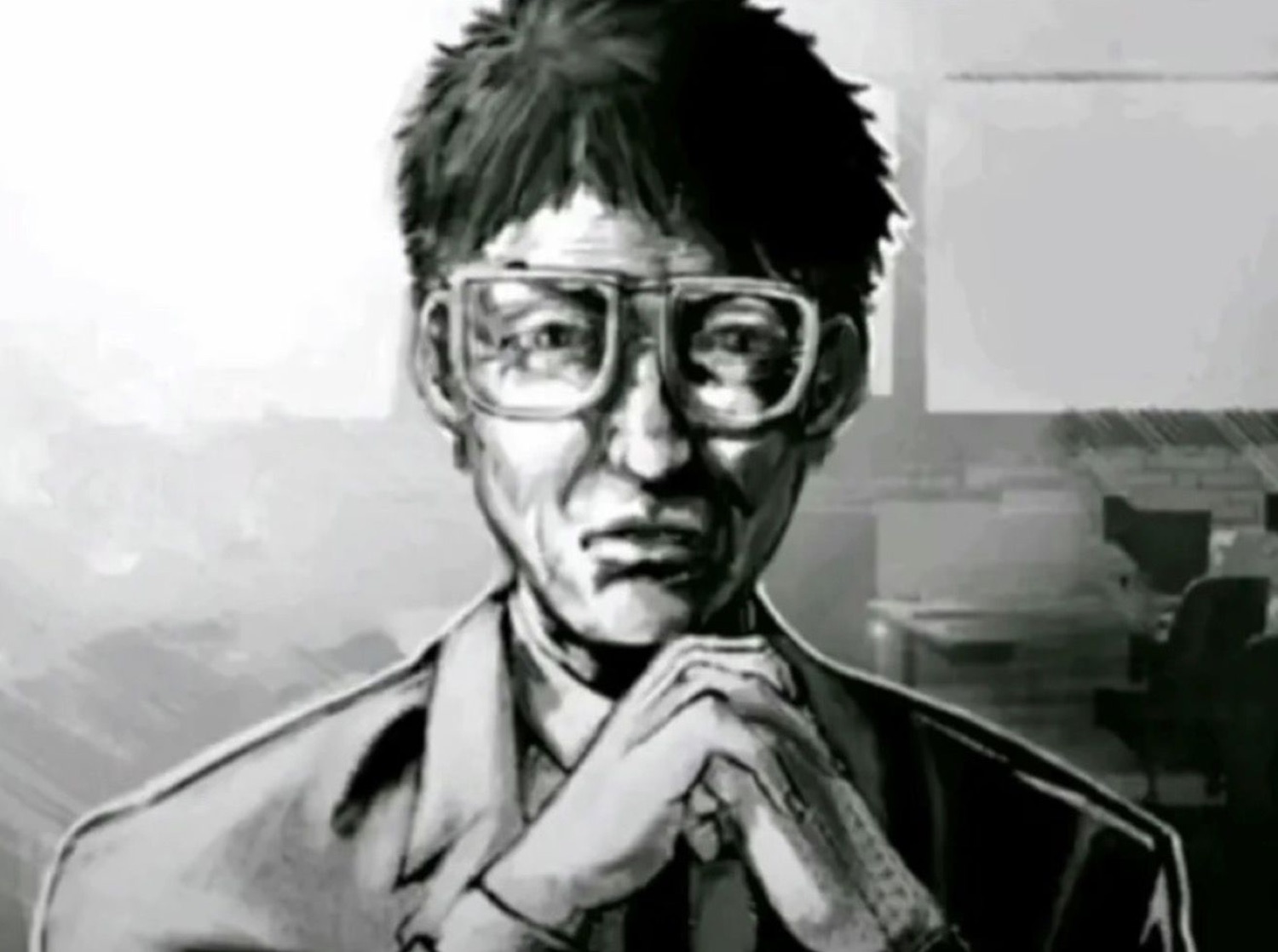 Black-and-white anime illustration of a bespectacled man stroking his chin with scheming intent